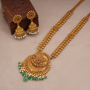 Long antique gold green stone drop necklace set