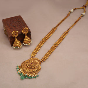 Long antique gold green stone drop necklace set