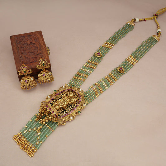 Auspicious long antique gold Lord Vishnu stone srop necklace set