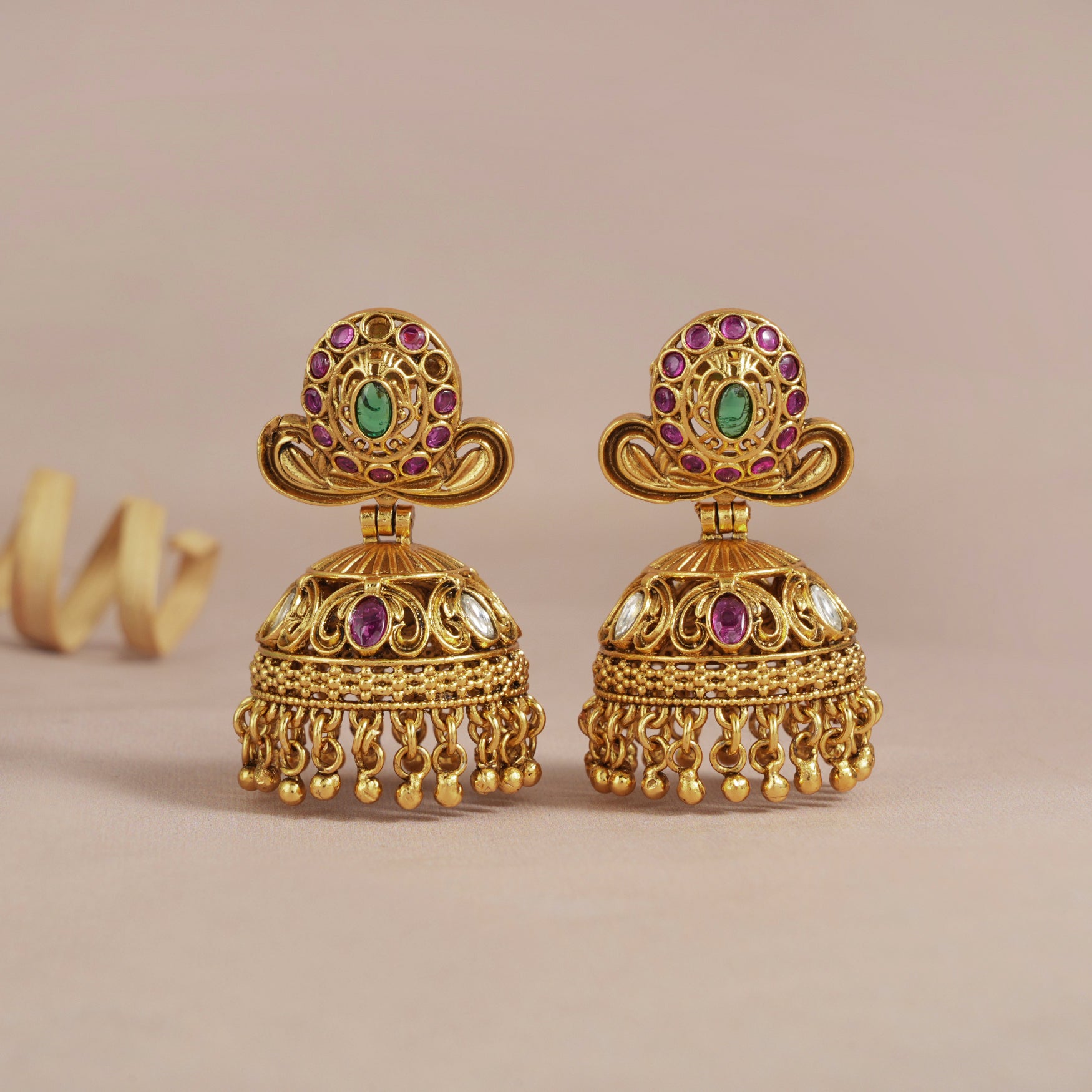 Auspicious long antique gold Lord Vishnu stone srop necklace set