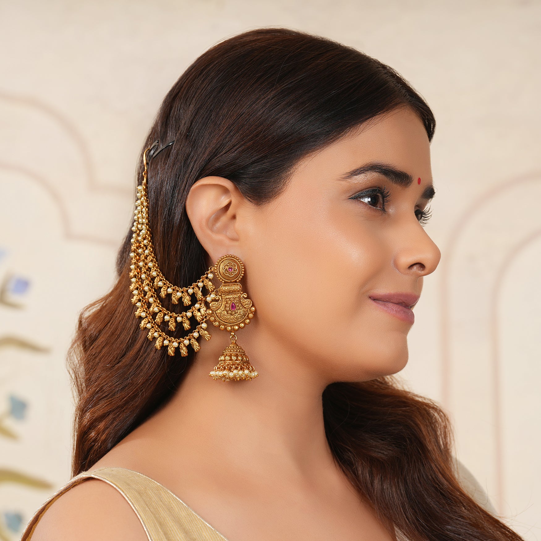 Stunning long pearl drop jhumka earring with ear chain