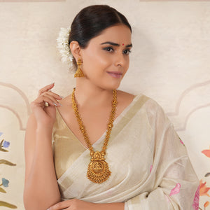 Long antique gold plain maa lakshmi necklace set with jhumka