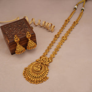 Long antique gold plain maa lakshmi necklace set with jhumka