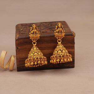 Long antique gold plain maa lakshmi necklace set with jhumka