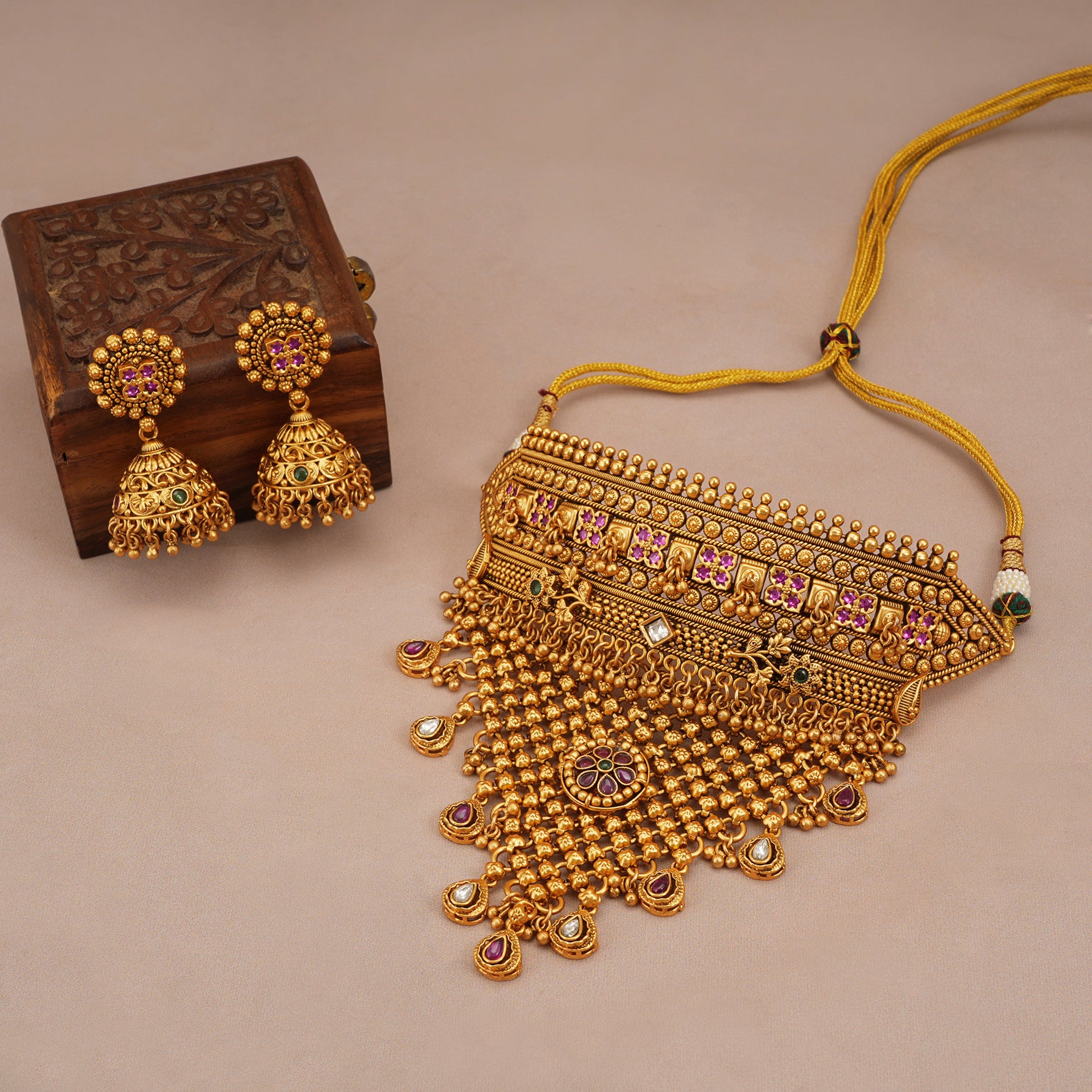 Gorgeous antique gold multicolor choker necklace set smarsjewelrys