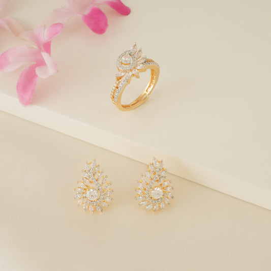 Stunning cubic zirconia ear stud and finger ring set