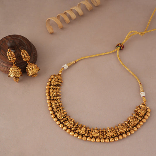 Auspicious antique gold maa lakshmi necklace with  jhumka earring