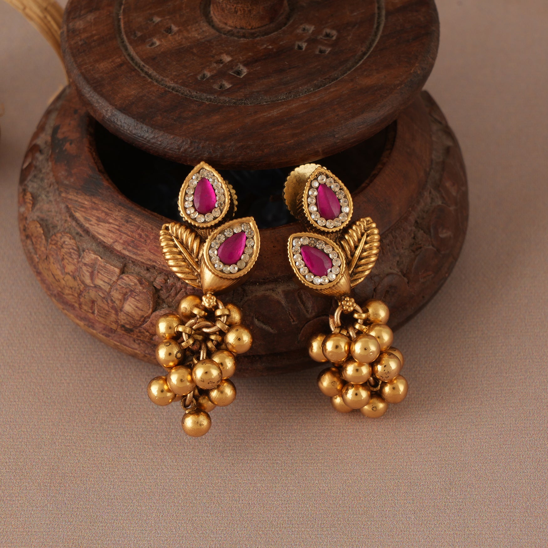 Stunning antique gold balls ruby dangler earrings