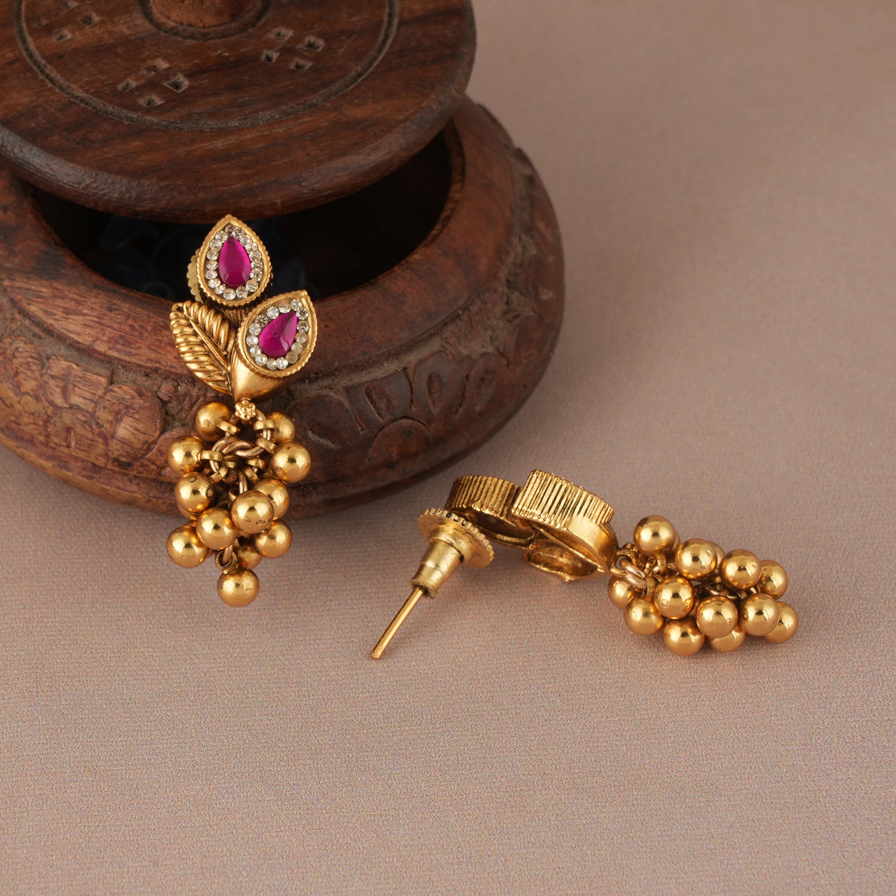 Stunning antique gold balls ruby dangler earrings