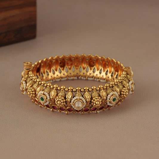 Gorgeous antique gold pearl stone studded kada bangle