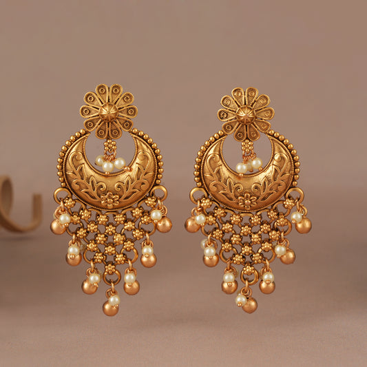 Long pearl drop antique gold earring for women