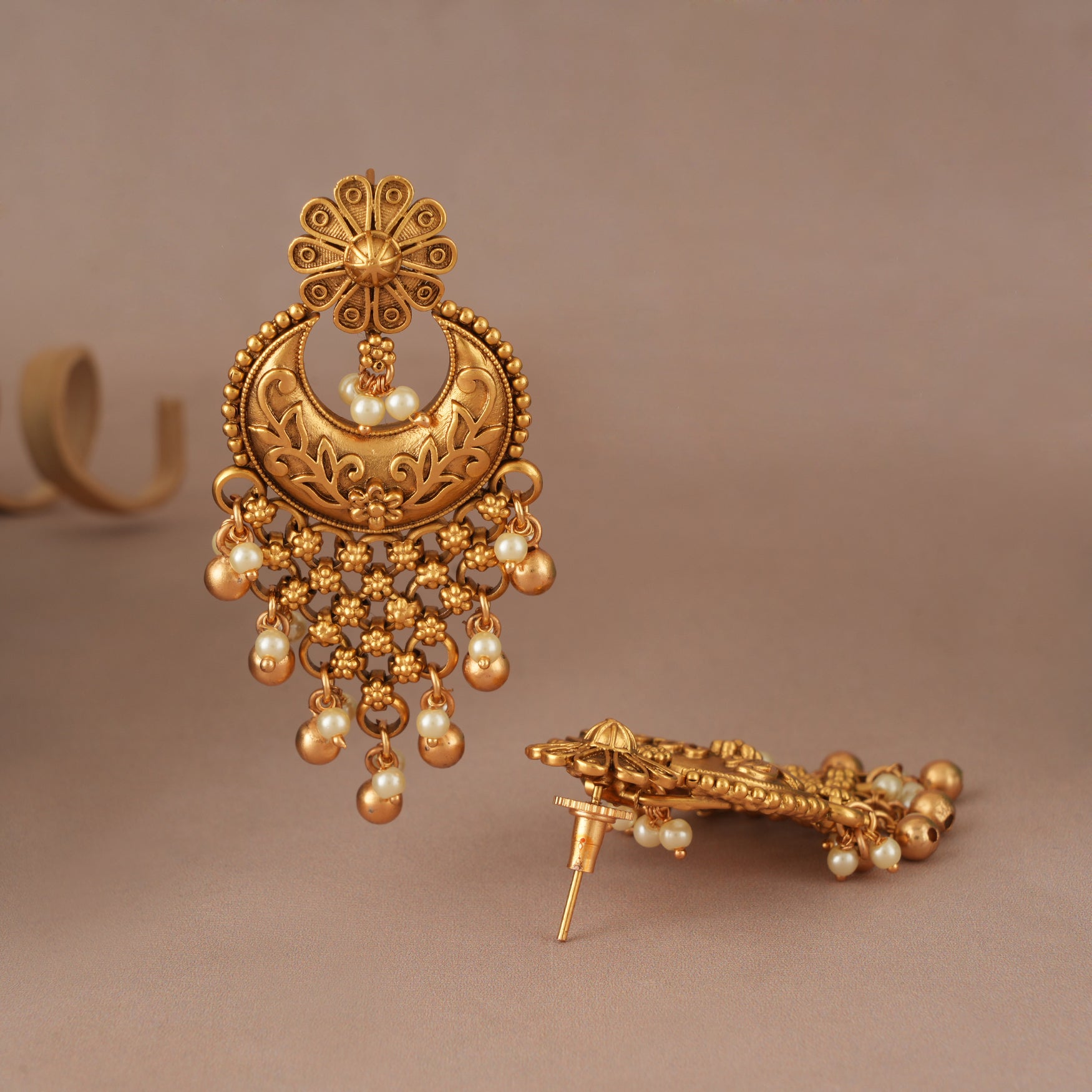 Long pearl drop antique gold earring for women