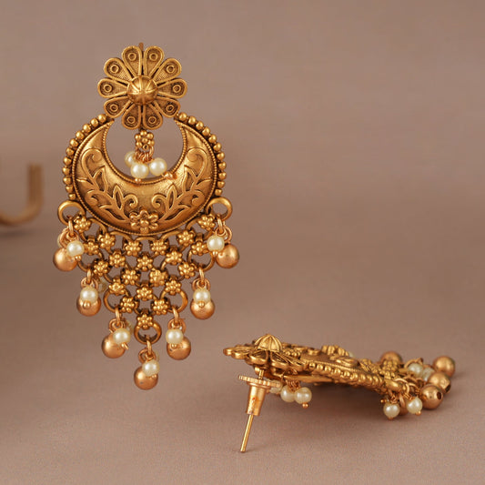 Long pearl drop antique gold earring for women