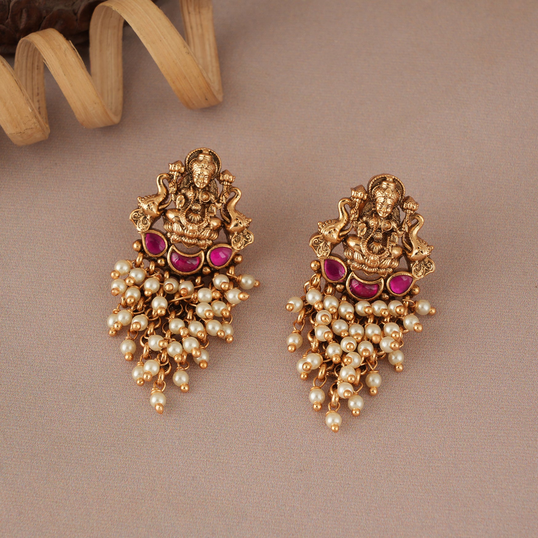 Stunning maa lakshmi pearl drop antique gold earring I Temple Jewellery