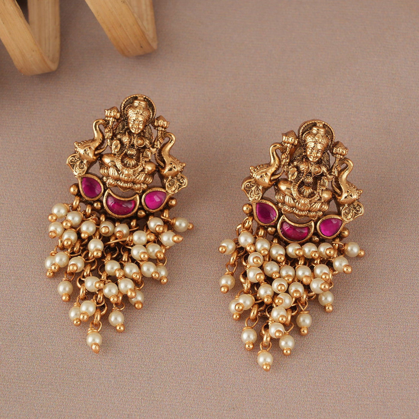 Stunning maa lakshmi pearl drop antique gold earring I Temple Jewellery