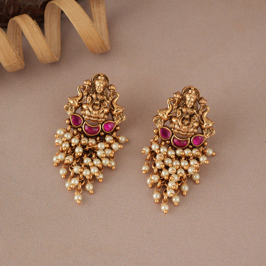 Stunning maa lakshmi pearl drop antique gold earring I Temple Jewellery