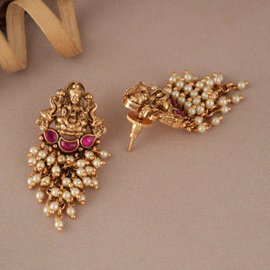 Stunning maa lakshmi pearl drop antique gold earring I Temple Jewellery