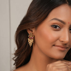 Stunning maa lakshmi pearl drop antique gold earring I Temple Jewellery