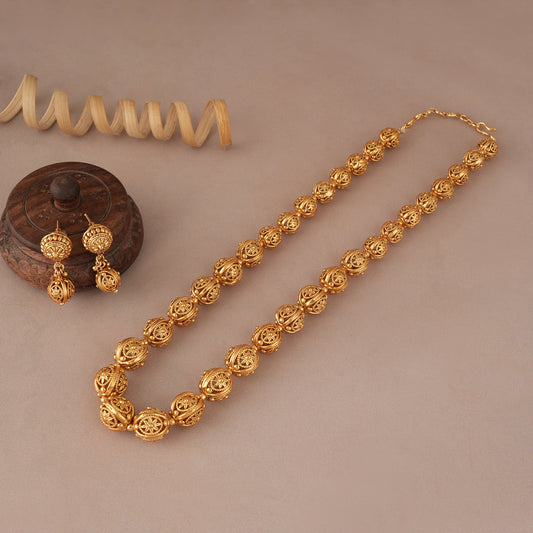 Long gold plated carved ball mala set