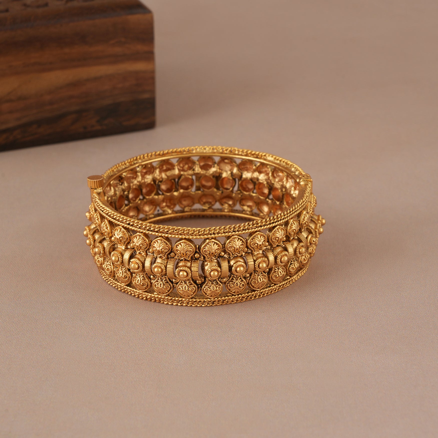 Broad antique gold openable kada bangle for women