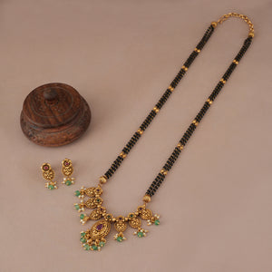 Long antique gold stone mangalsutra with cute earring