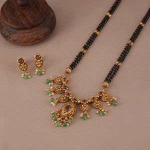 Long antique gold stone mangalsutra with cute earring