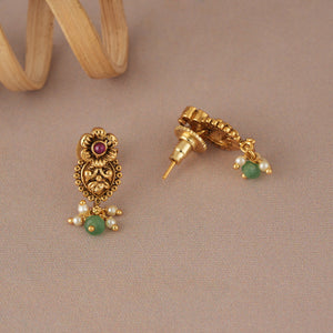 Long antique gold stone mangalsutra with cute earring