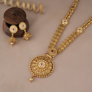 Stunning gold plated kundan ruby necklace set with jhumka earring