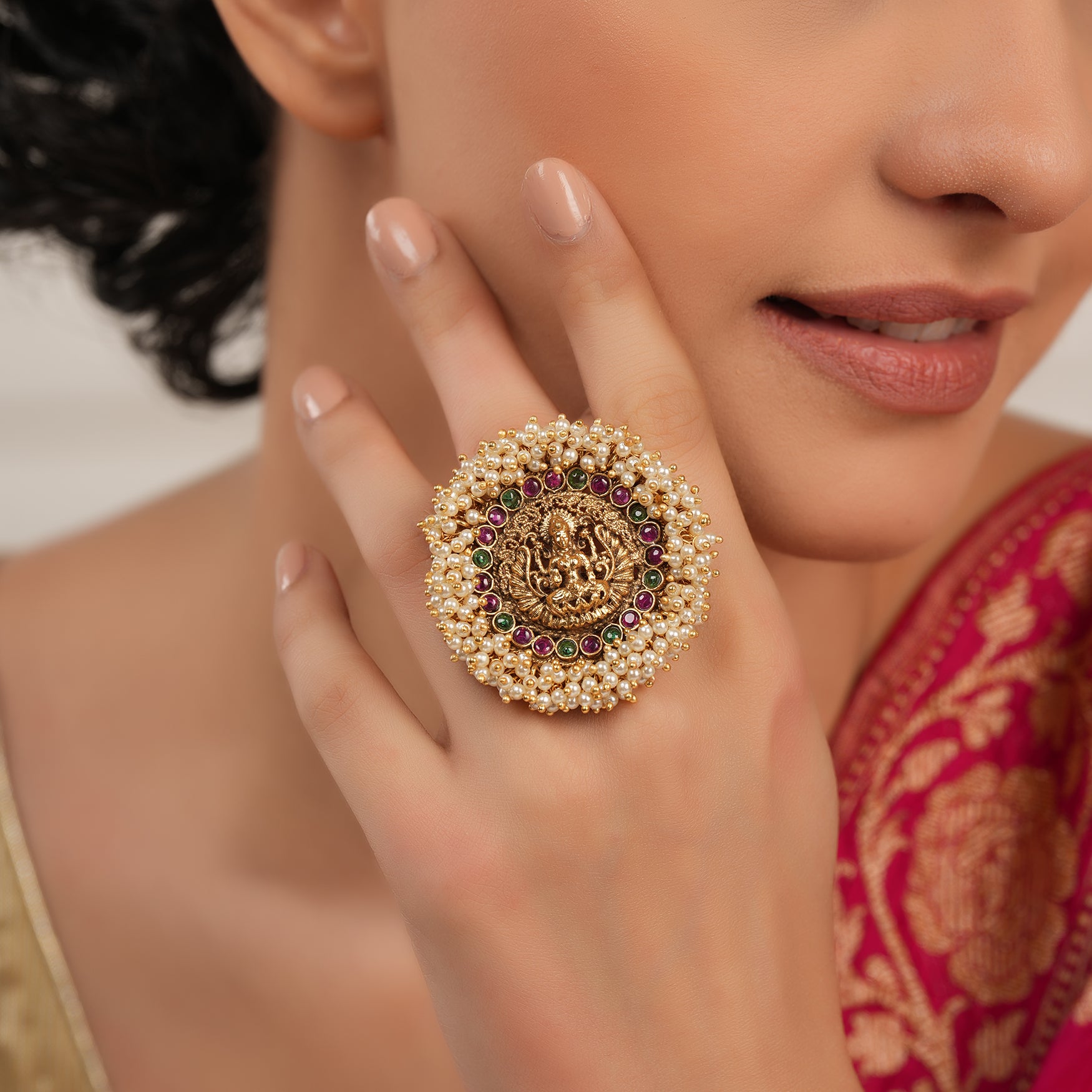 Stunning bold antique gold maa lakshmi pearl finger ring I Temple Jewellery