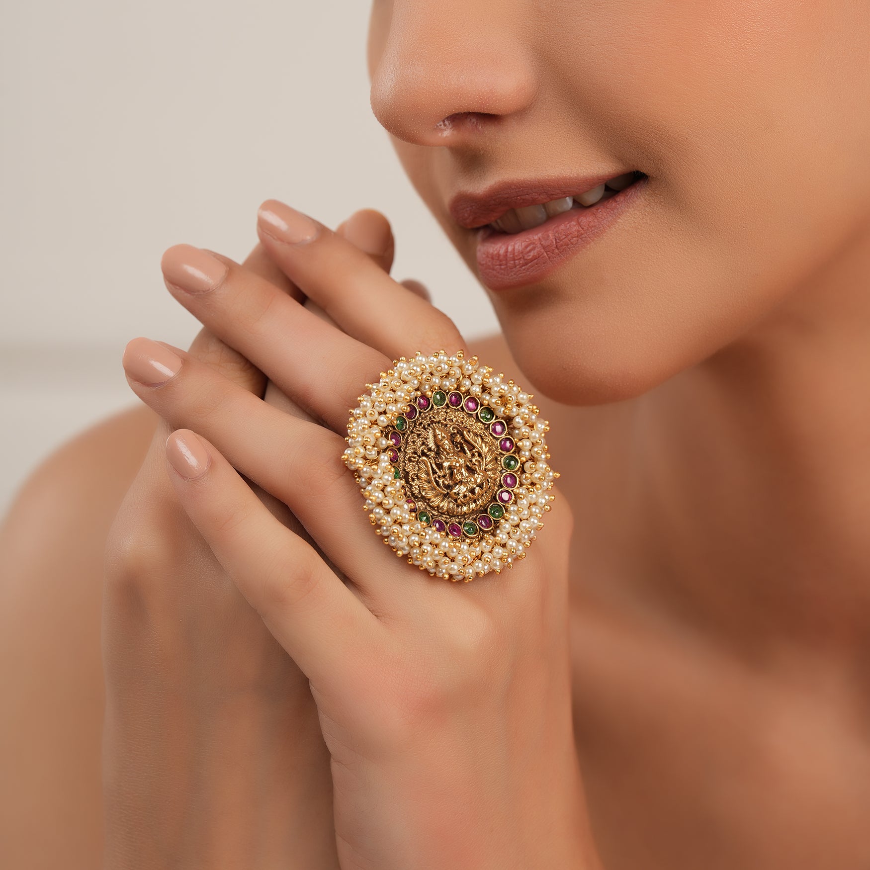 Stunning bold antique gold maa lakshmi pearl finger ring I Temple Jewellery