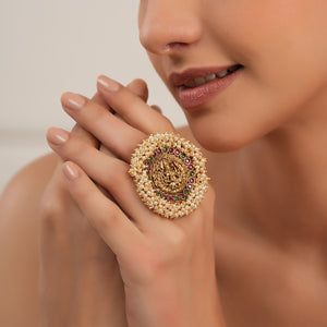 Stunning bold antique gold maa lakshmi pearl finger ring I Temple Jewellery