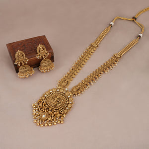 Stunning long antique gold maa lakshmi necklace set with jhumka earring