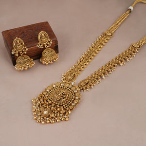 Stunning long antique gold maa lakshmi necklace set with jhumka earring