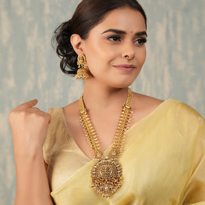 Stunning long antique gold maa lakshmi necklace set with jhumka earring