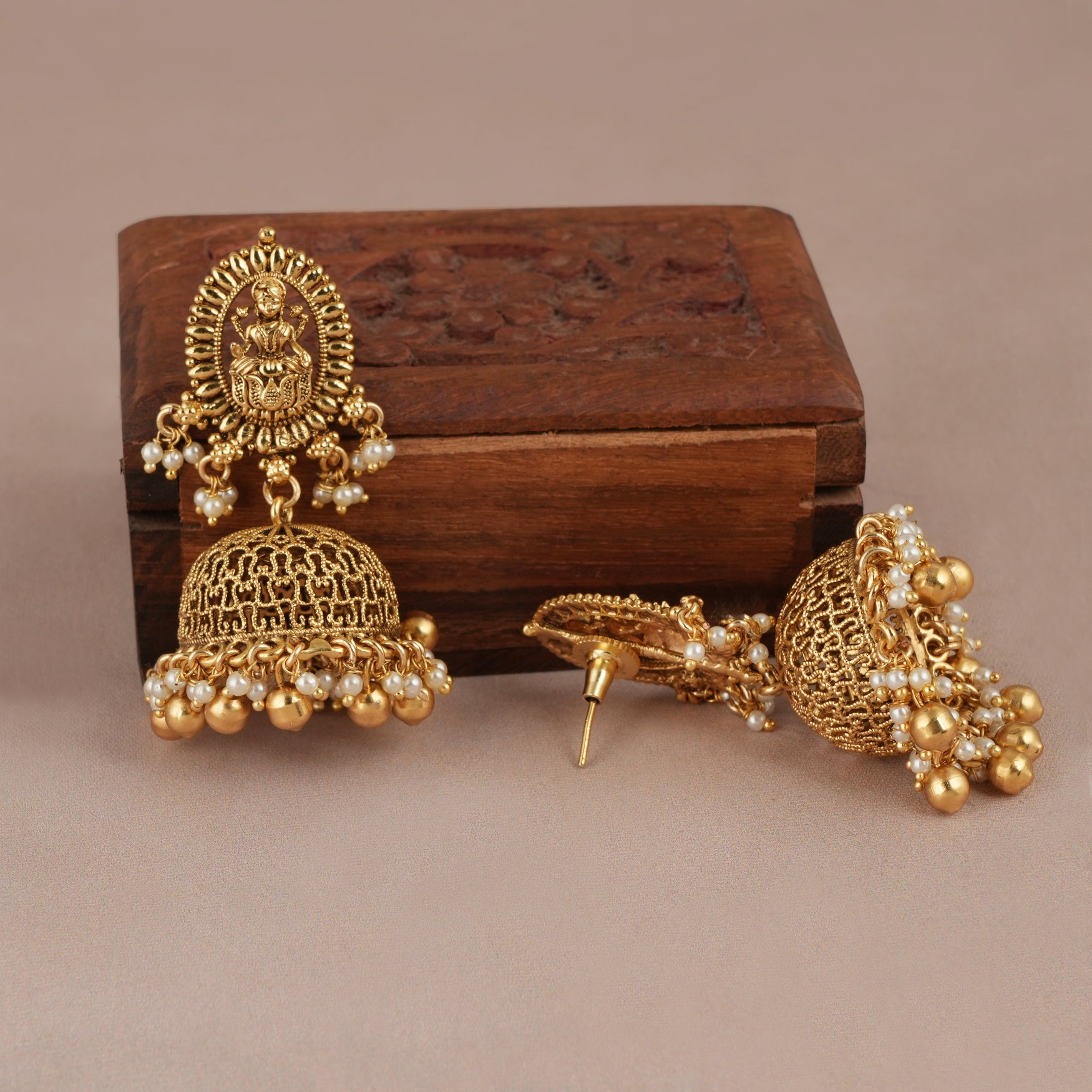 Stunning long antique gold maa lakshmi necklace set with jhumka earring