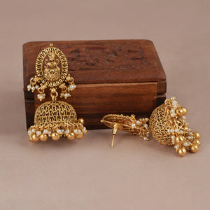 Stunning long antique gold maa lakshmi necklace set with jhumka earring