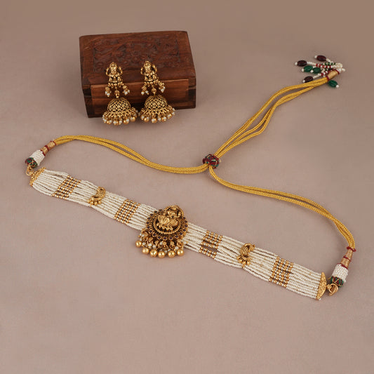 Amazing pearl antique gold maa lakshmi choker set with jhumka earring