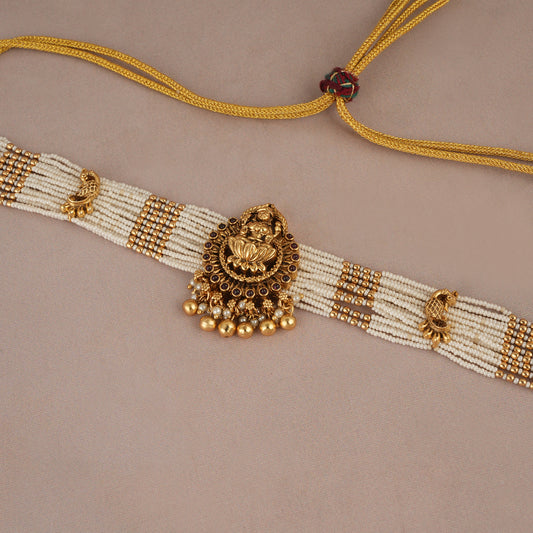 Amazing pearl antique gold maa lakshmi choker set with jhumka earring I Temple Jewellery
