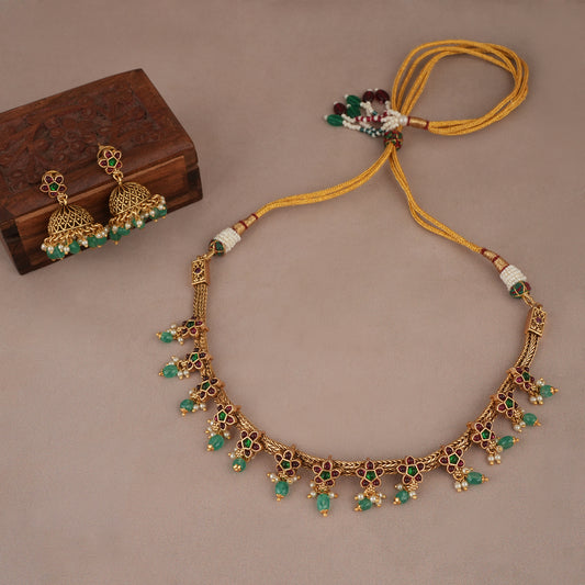 Cute floral antique gold choker necklace set