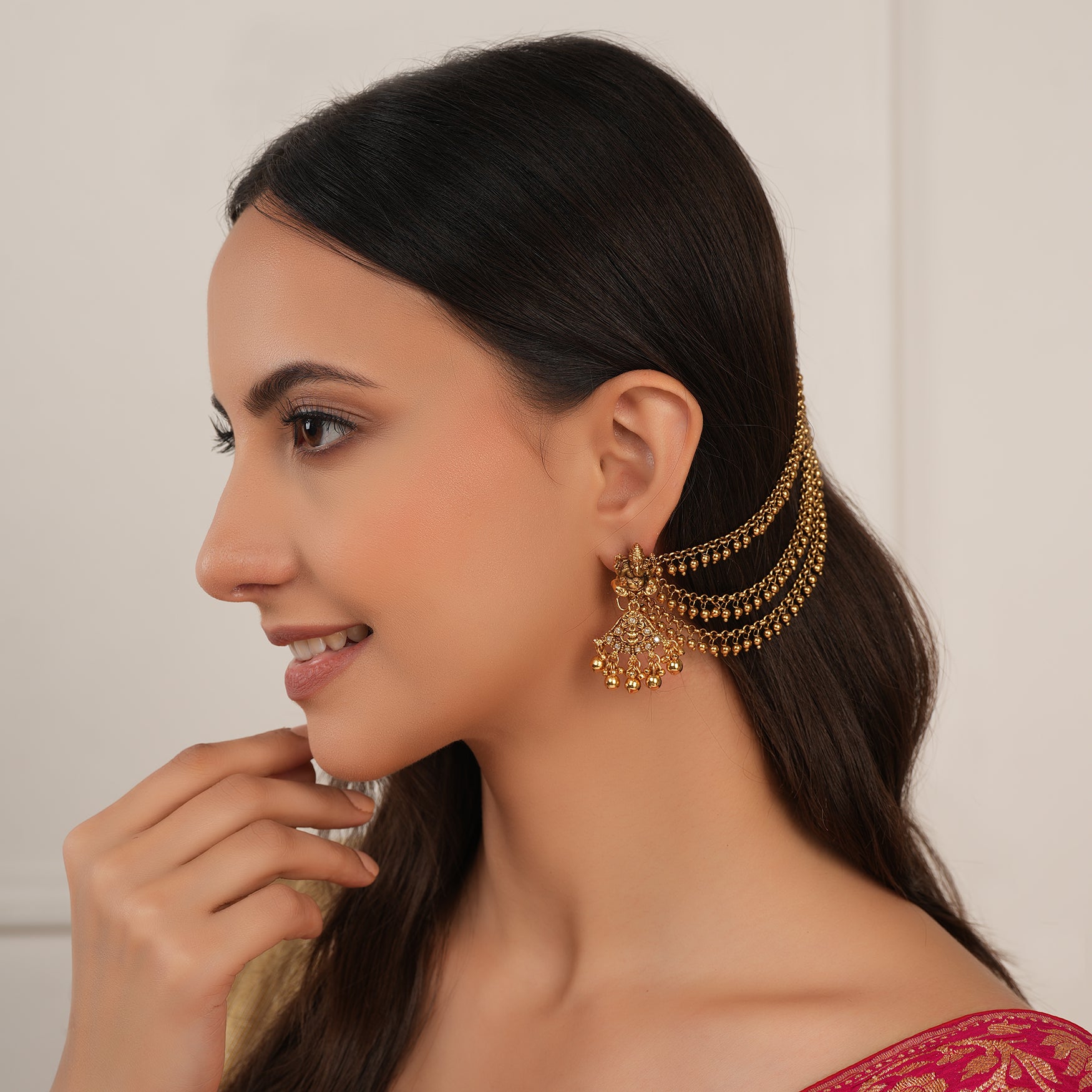Cute 3 line plain antique gold ear chain