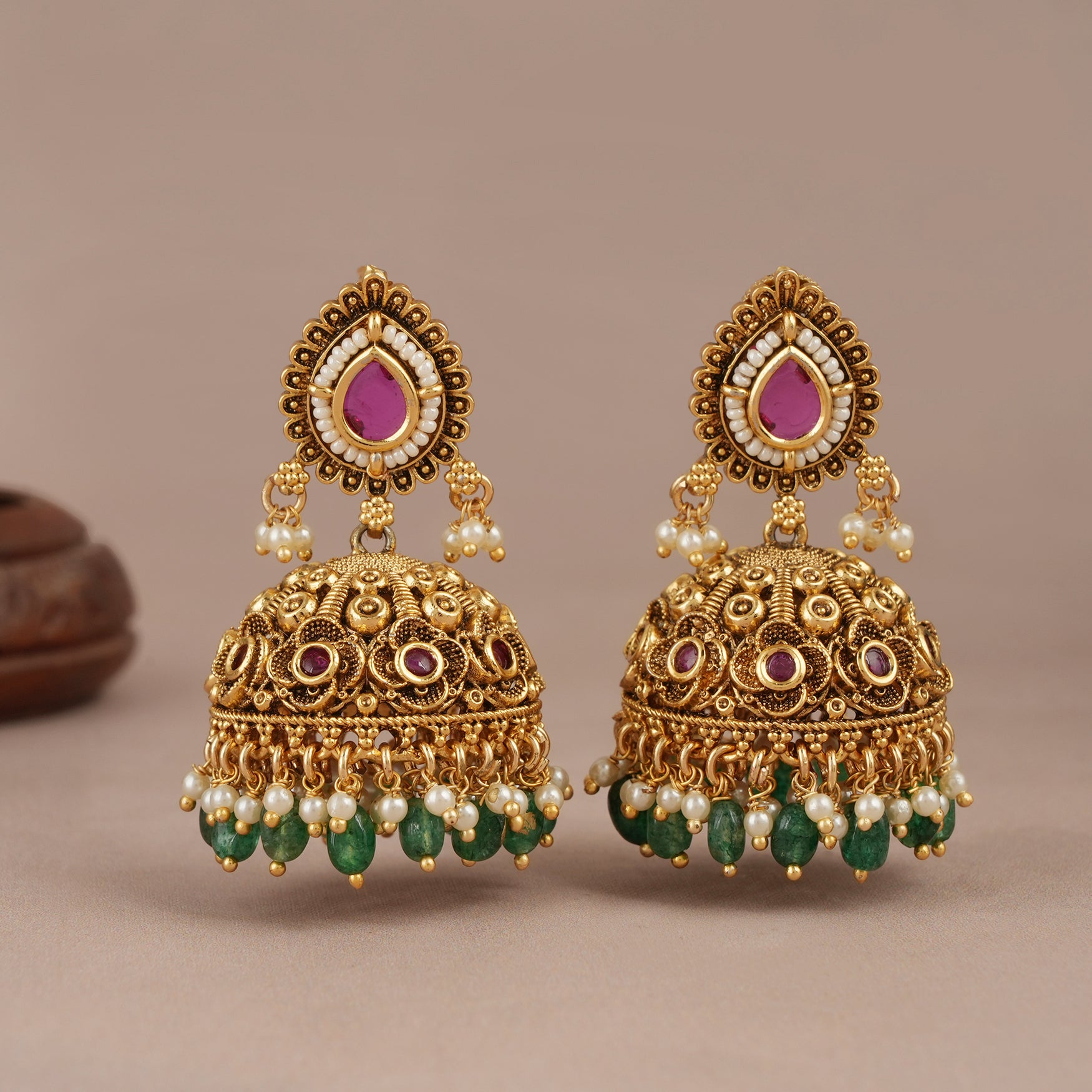 Gorgeous antique gold green stone drop jhumka earring