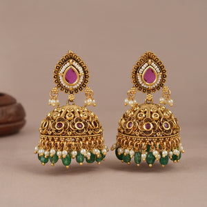 Gorgeous antique gold green stone drop jhumka earring