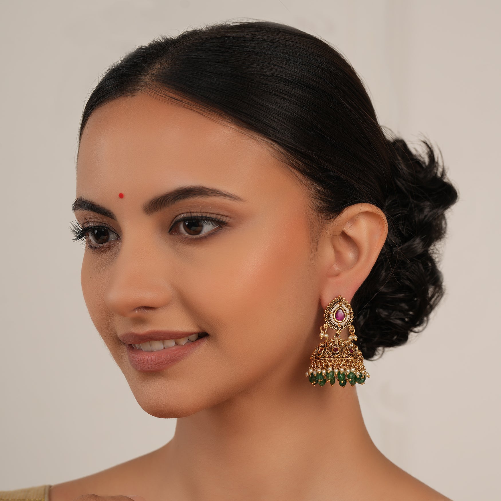 Gorgeous antique gold green stone drop jhumka earring