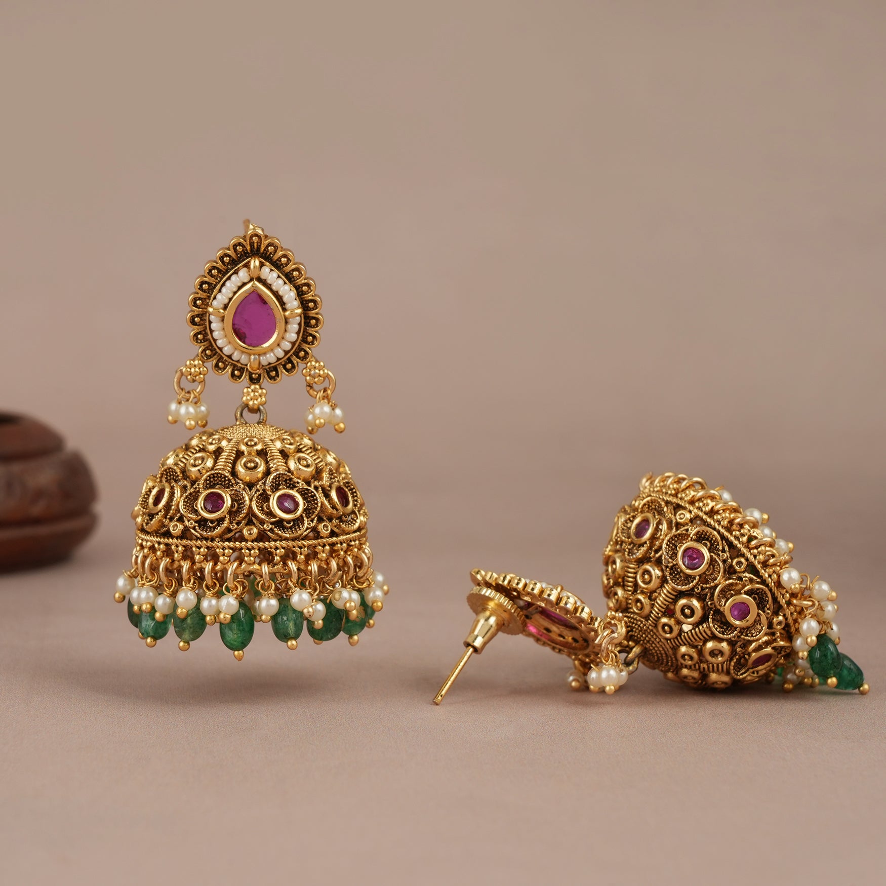 Gorgeous antique gold green stone drop jhumka earring