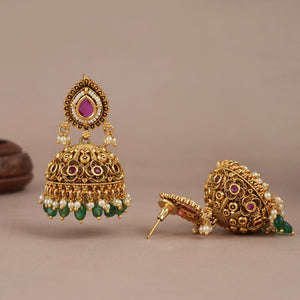 Gorgeous antique gold green stone drop jhumka earring