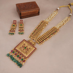 Stunning long multicolor antique gold necklace set