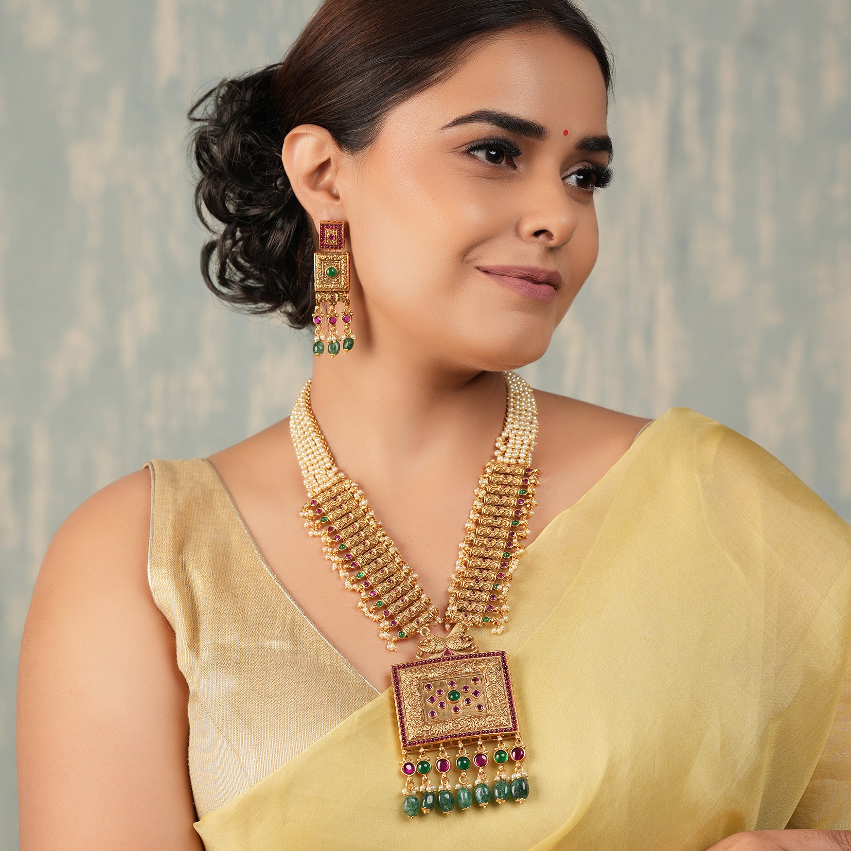 Stunning long multicolor antique gold necklace set