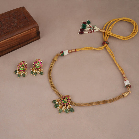Cute antique gold multicolor stone choker necklace set
