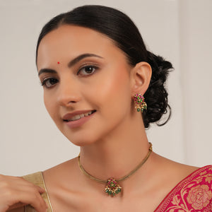 Cute antique gold multicolor stone choker necklace set