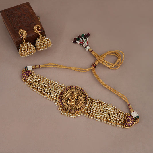 Auspicious lord krishna antique gold pearl choker set